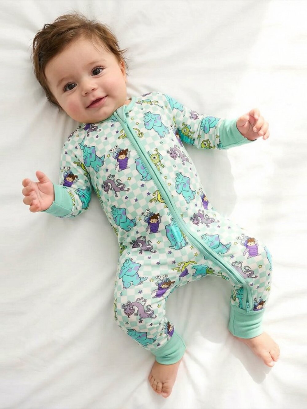 Monster Plaid Green Baby Bamboo Zipper Romper Pajamas - 6-12M